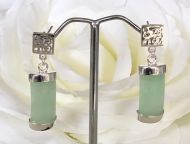 Oblong Jade Earrings with Good Fortune Symbol in Silver